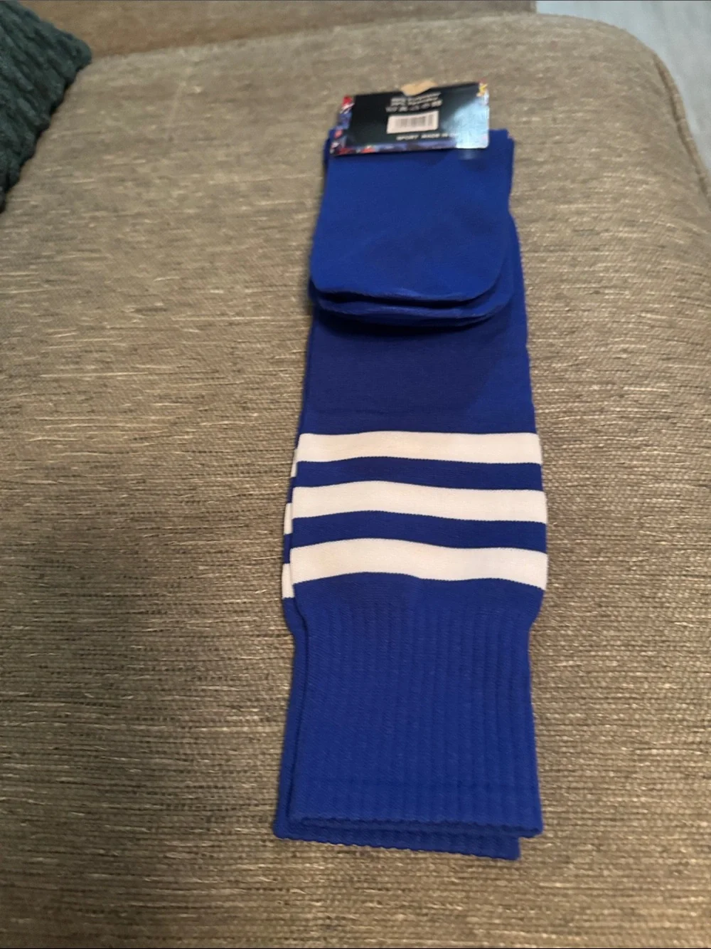 Men's Athletic Knee-High Socks in Royal Blue with White Stripes